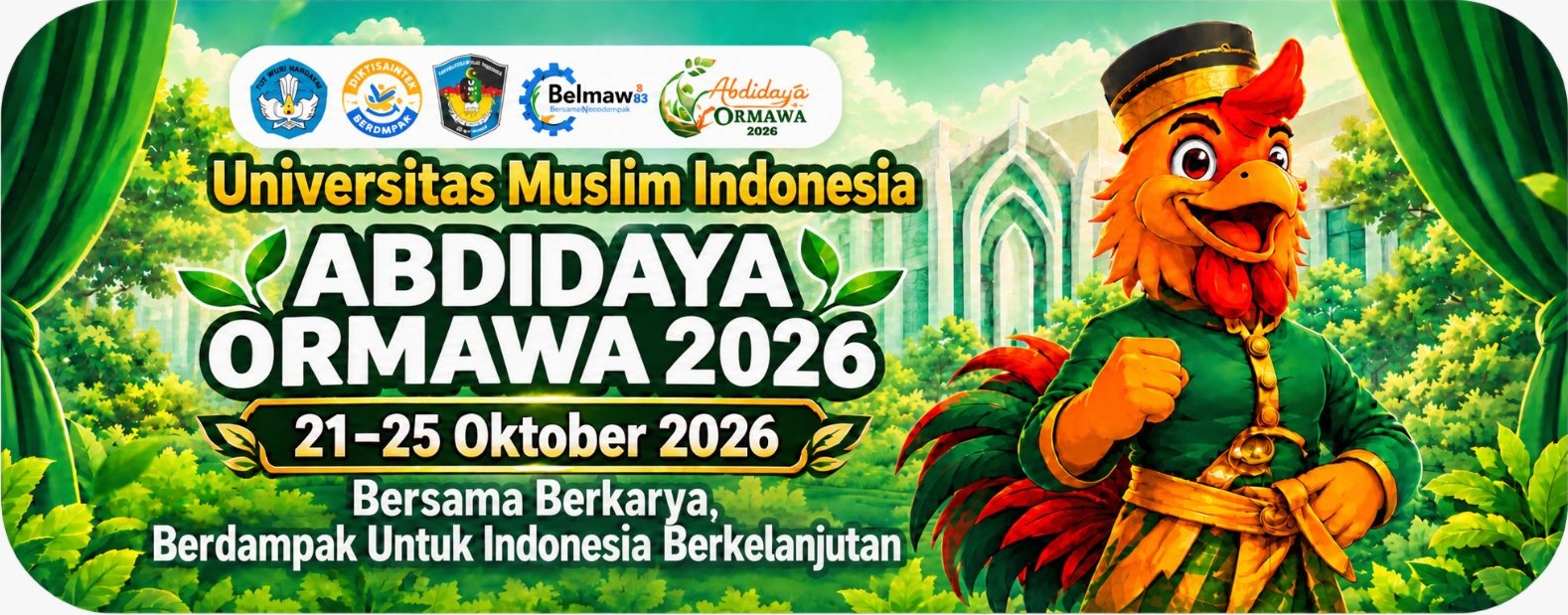 Abdidaya Ormawa 2026 at Universitas Muslim Indonesia, with the mascot. Together we create, with impact for a sustainable Indonesia.