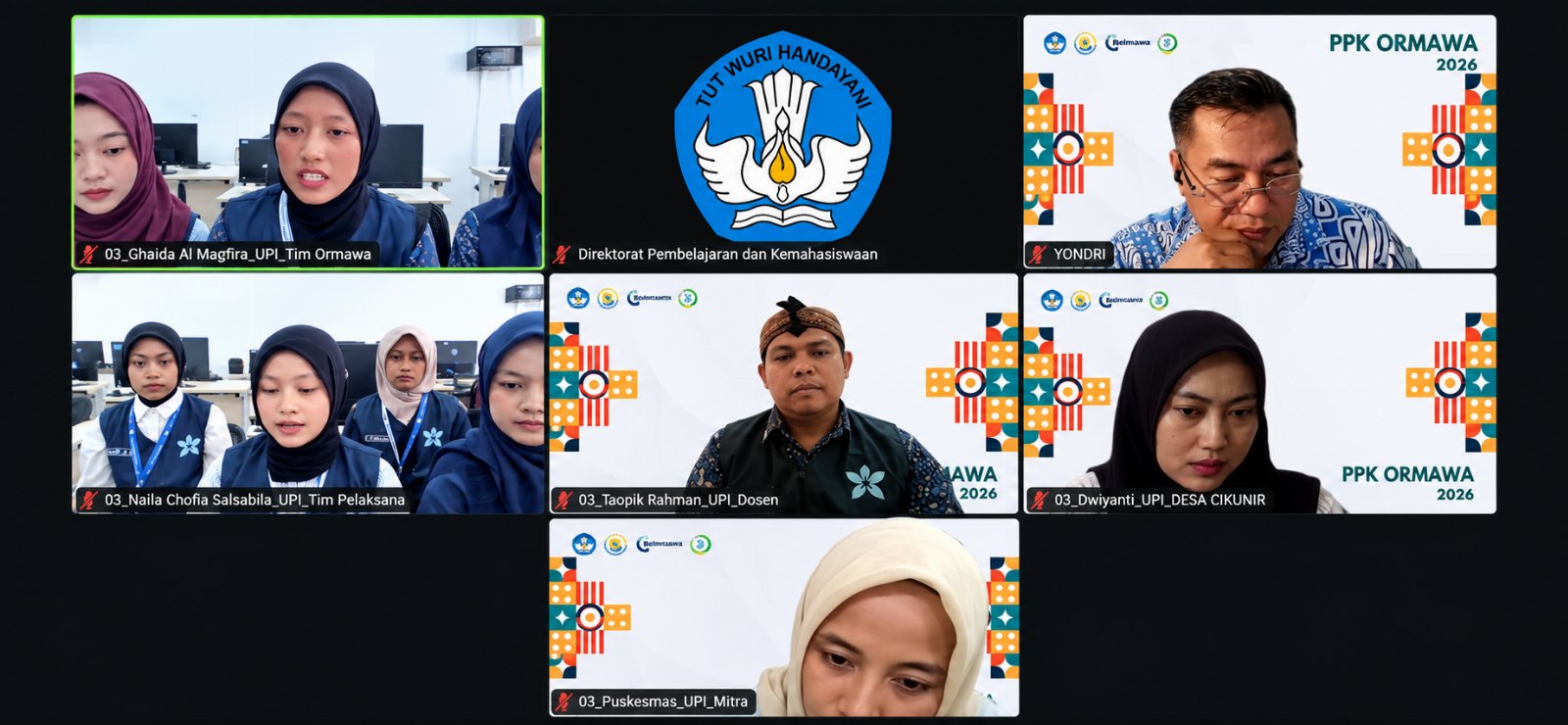 Tangkapan layar verifikasi daring: tim ormawa, tim pelaksana, dosen pendamping, perwakilan desa, dan mitra dari satu perguruan tinggi bersama penilai PPK Ormawa 2026.