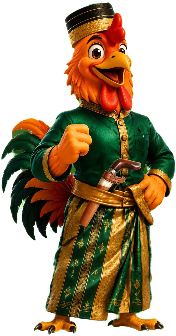 Abdidaya 2026 mascot: a rooster in Bugis-Makassar dress